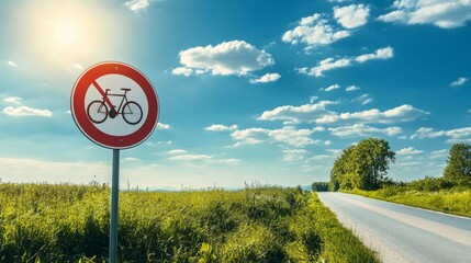 Poster - No bicycles allowed on this road leading through a grassy field.