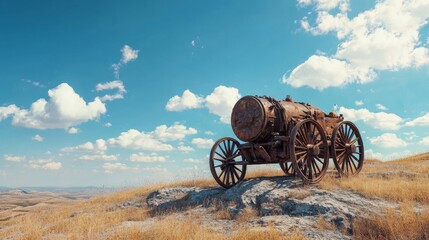 Wall Mural - A rusty wagon sits on a hilltop against a backdrop of blue sky and fluffy clouds.