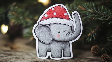 Sticker - A festive elephant wearing a santa hat.