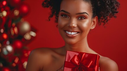 Wall Mural - A woman is holding a red box with a bow on it