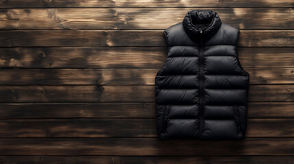 Puffy vest hovering above wooden texture surface