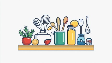 Wall Mural - Kitchen Utensils and Ingredients on a Shelf