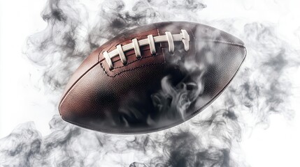 american football emerging from dramatic smoke cloud against stark white background dynamic lighting emphasizing leather texture and laces