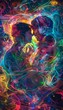© decorator - Playful abstract art of two ai characters kissing, surrounded by vibrant colors and digital motifs