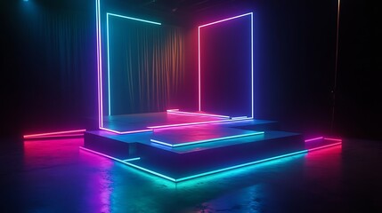 Canvas Print - Neon Lights Stage with Pink and Blue Glow for Product Display.