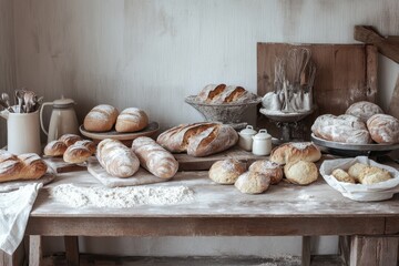 A rustic table display of various freshly baked breads and pastries surrounded by baking tools.