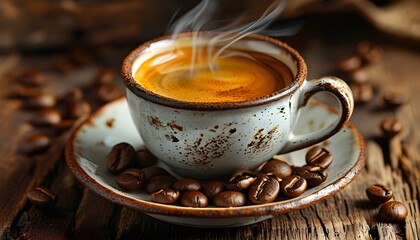 Rustic espresso coffee cup with beans on vintage wooden table creating a morning relaxation and comfort atmosphere