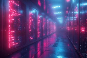 Wall Mural - futuristic data center with glowing server racks neon blue lighting and holographic displays floating in a misty cyberpunkinspired wonderland