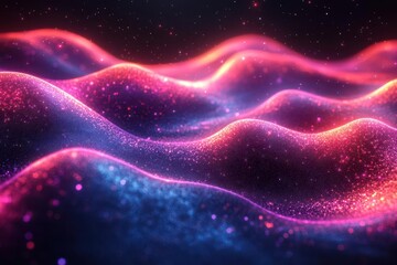 Wall Mural - futuristic data stream visualization abstract pink purple and blue neon lines forming dynamic wave patterns against dark background conveying highspeed information flow