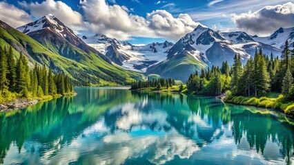 Wall Mural - Serene turquoise lakes nestled among majestic glaciers and snow-capped mountains, surrounded by lush greenery and tranquil water reflections in Alaska's pristine wilderness.