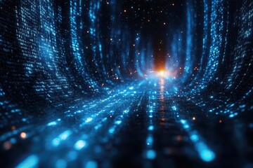 futuristic digital landscape of flowing binary code electric blue data streams cascading across sleek black computer screen cyberpunk aesthetic