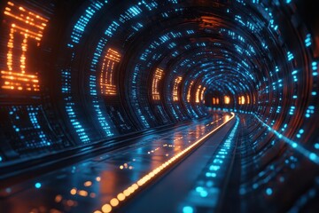 Wall Mural - futuristic digital tunnel neon blue streaks highspeed data flow concept abstract technological backg