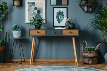 Scandinavian-style desk with natural wood legs, black top, and two drawers, paired with industrial gray side table. Modern art and decorative plants enhance the stylish home office setup.