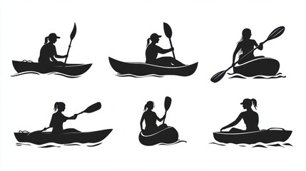 Poster - Collection of sketch line drawing of a woman kayaking