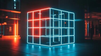 Poster - Futuristic Neon Cube Light Installation in a Modern Setting.