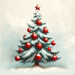 Wall Mural - A beautifully decorated Christmas tree with red ornaments and a star atop during winter