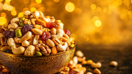 “A bowl of cashews, raisins, pistachios, almonds, and walnuts set against a golden background, creating a festive and elegant ambiance.”






