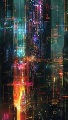 Poster - Dynamic cyberpunk cityscape  neon lights, digital code, and geometric patterns in abstract art