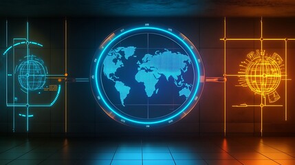 Sticker - Futuristic Digital World Map with Neon Lights and Geometric Designs.