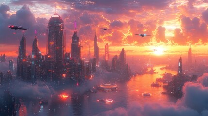 Wall Mural - Futuristic cityscape at sunset with flying vehicles and clouds.