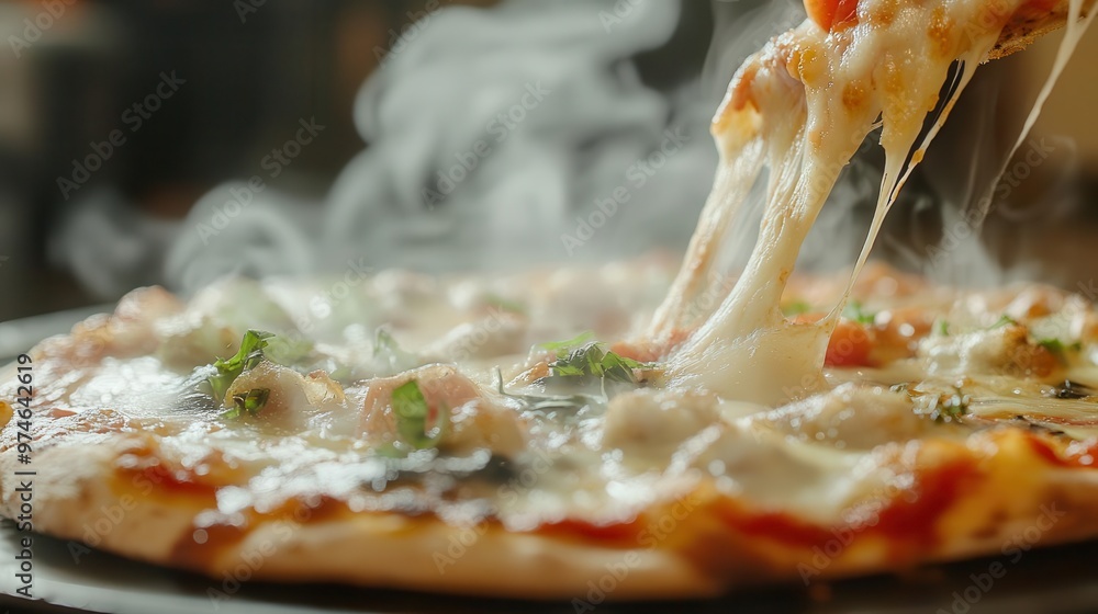 closeup of a perfectly crafted artisanal pizza slice cheese stretching ...