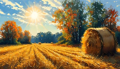 Wall Mural - Sunlit Autumn Field with Golden Hay Bales and Trees Amidst a Picturesque Rural Harvest Landscape