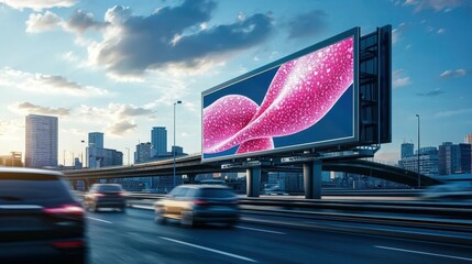 Vibrant digital billboard featuring abstract pink design on a bustling city road.