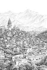 Dehradun, India, black and white pen pencil hand-drawn effect portrait drawing illustration for travel poster, card, wallpaper, backdrop or banner. Modern, clear, artistic and simple