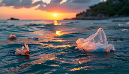 Ocean Sunset Revealing Discarded Plastic Pollution and Its Threat to Marine Life