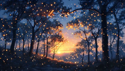 Wall Mural - Magical Night Scene with Glowing Tree Illuminating Forest, Creating a Serene and Enchanting Twilight Ambience