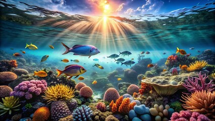 Wall Mural - Softly lit, serene ocean scenery featuring gentle waves, coral reefs, and schools of small fish swimming amidst a vibrant blue-green underwater world.