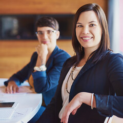 Office, businesswoman and portrait with smile for meeting, corporate workshop and training for staff. Boardroom, colleague and female hr manager with confidence for company updates, review or project