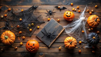 Wall Mural - Spooky black Halloween party flyers with spider webs, bats, and jack-o'-lanterns lie empty and uninviting on a dark wooden table, surrounded by creative props.