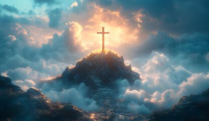 “A Cross Atop a Mountain with Dramatic Clouds in the Sky, Representing Faith and Strength Against Nature’s Vastness”
