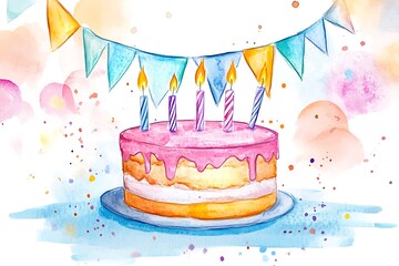 Wall Mural - Watercolor Birthday Cake with Candles and Bunting.