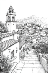 Durango, Mexico, black and white pen pencil hand-drawn effect portrait drawing illustration for travel poster, card, wallpaper, backdrop or banner. Modern, clear, artistic and simple