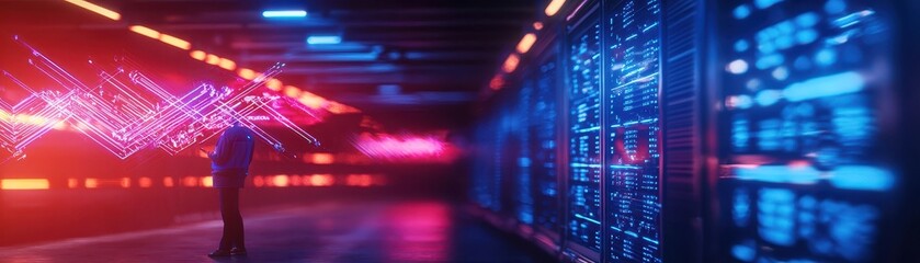Leinwandbilder - A futuristic server room glowing with vibrant neon lights and holographic displays, reflecting advanced technology and data processing.