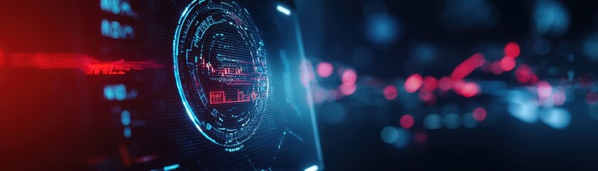 Poster - Abstract futuristic technology background featuring glowing red and blue lights with a circular digital interface in focus.