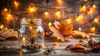 Wall Mural - Spooky seasonal decoration featuring a vintage-inspired glass jar filled with artificial spiders, cobwebs, and tiny plastic skeletons amidst autumnal leaves and twinkle lights.