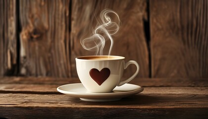 Cozy Coffee Cup with Heart-Shaped Steam on Rustic Wood, Creating a Warm and Romantic Atmosphere for Valentines Day Mornings