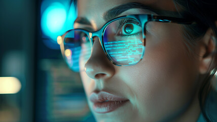 computer programming code reflecting on developer woman's glasses. Cyber security and personal data protection.