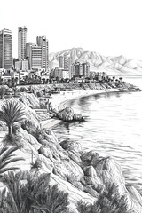 Eilat, Israel, black and white pen pencil hand-drawn effect portrait drawing illustration for travel poster, card, wallpaper, backdrop or banner. Modern, clear, artistic and simple