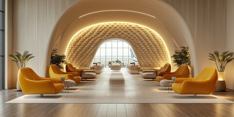 Wall Mural - modern vip airport lounge with luxury yellow armchairs, elegant ivory leather wall and beautiful wooden floor 