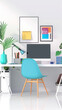 © Isaiah - office workspace desk computer monitor lamp plant chair wall art decor stationery organized modern minimalist interior home office productivity work environment
