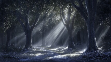 Mysterious Forest Path Illuminated by Moonlight with Shadows in a Blue Night