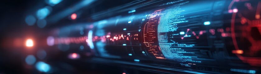 Aufkleber - Futuristic digital data transfer and server communication in a high-tech environment with blue and red light trails, symbolizing fast network speed.