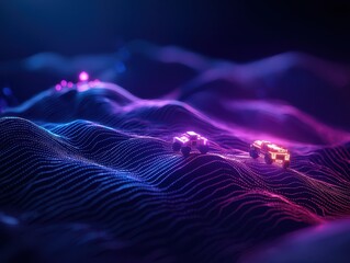 Poster - Futuristic digital landscape with glowing neon lights and grid-like 3D terrain, representing technology and innovation in a cyber aesthetic.
