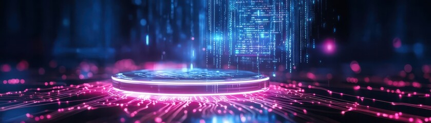 Leinwandbilder - Futuristic digital platform with neon lights and holographic interface, representing advanced technology and innovation.