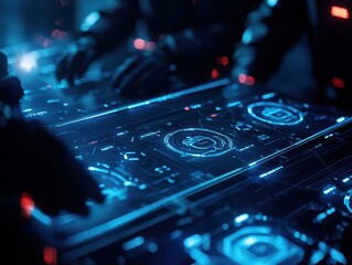 Fototapete - Futuristic interface with holographic elements, highlighting technology in a dark, high-tech environment with hands interacting with displays.