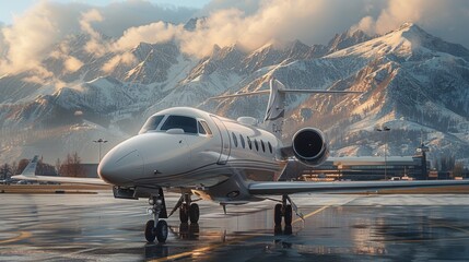 Canvas Print - A white jet is parked on the runway in front of a mountain range